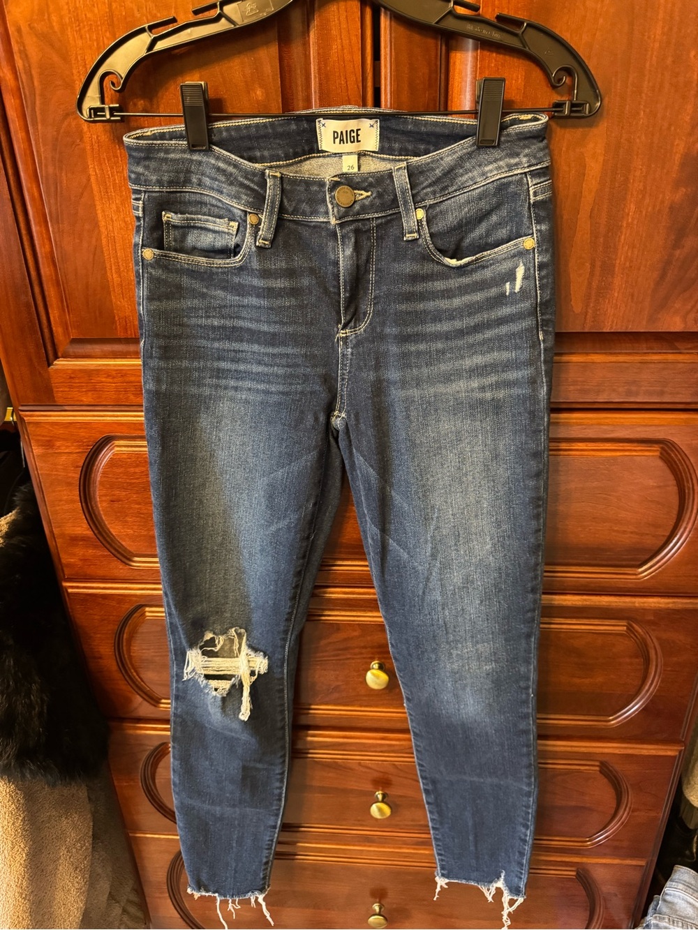 PAIGE Distressed Skinny Jeans in Dark Blue Wash